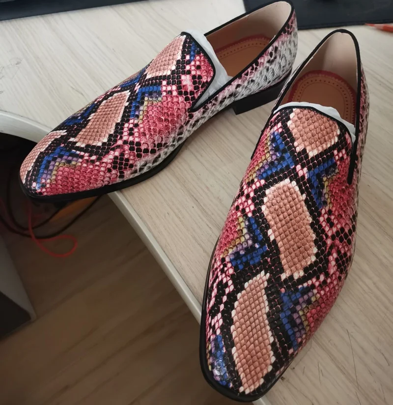 New Fashion Mixed Colors Snake Skin Pattern Loafers Luxury Genuine Leather Shoes For Men Handmade Slip On Flats Dress Shoes