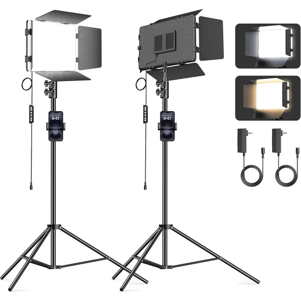 

Scrhot 2 Pack LED Video Light Kit with 79'' Light Stand, 3000Lux Photography Lighting with Barndoor, 30W 2500K-8500K Studio Ligh