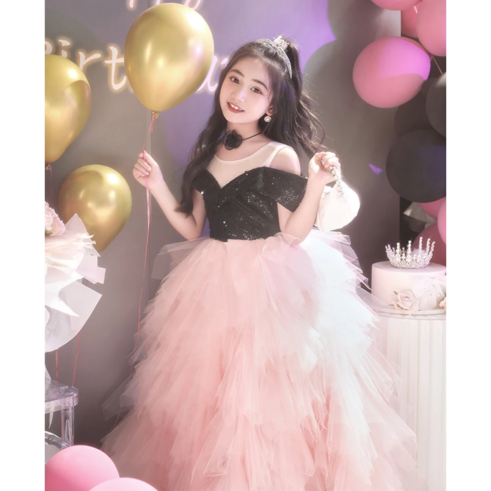 3-10T Girl's Light Luxury Birthdays Party Princess Dresses Children's Sequins Off Shoulder Piano Performances Puff Hem Gown