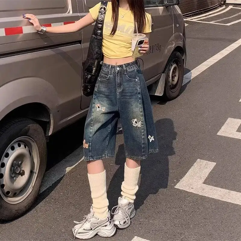 Jean amincissant à jambes droites pour femmes, motif de chien américain, Design brodé, nouveau pantalon d'été à jambes larges cinq-quarts