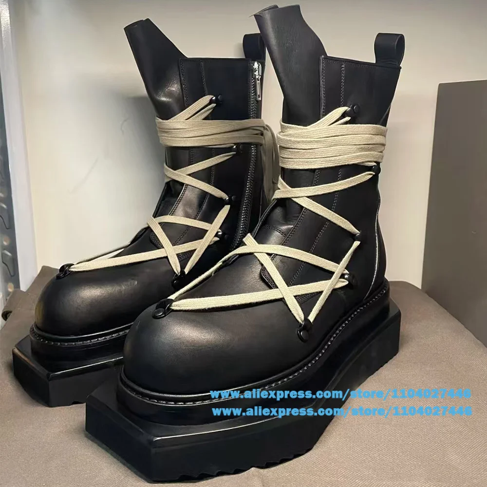 Men's Cross Strap Boots Thick-Soled Round Toe Leather Lace-Up Booties Designer Side Zippers Height Increasing Botas Large Size