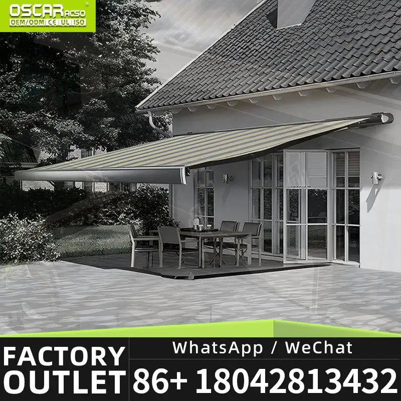 Outdoor Motorized Retractable Aluminum Awning with LED Light Folding Arm for Patio Garden Yard Retractable Awning