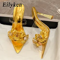 Eilyken Summer PVC Transparent Flower Sexy Pointed Toes Thin Heels Slippers Woman Dress Party Mules Slides Shoes Zapatos De Muje