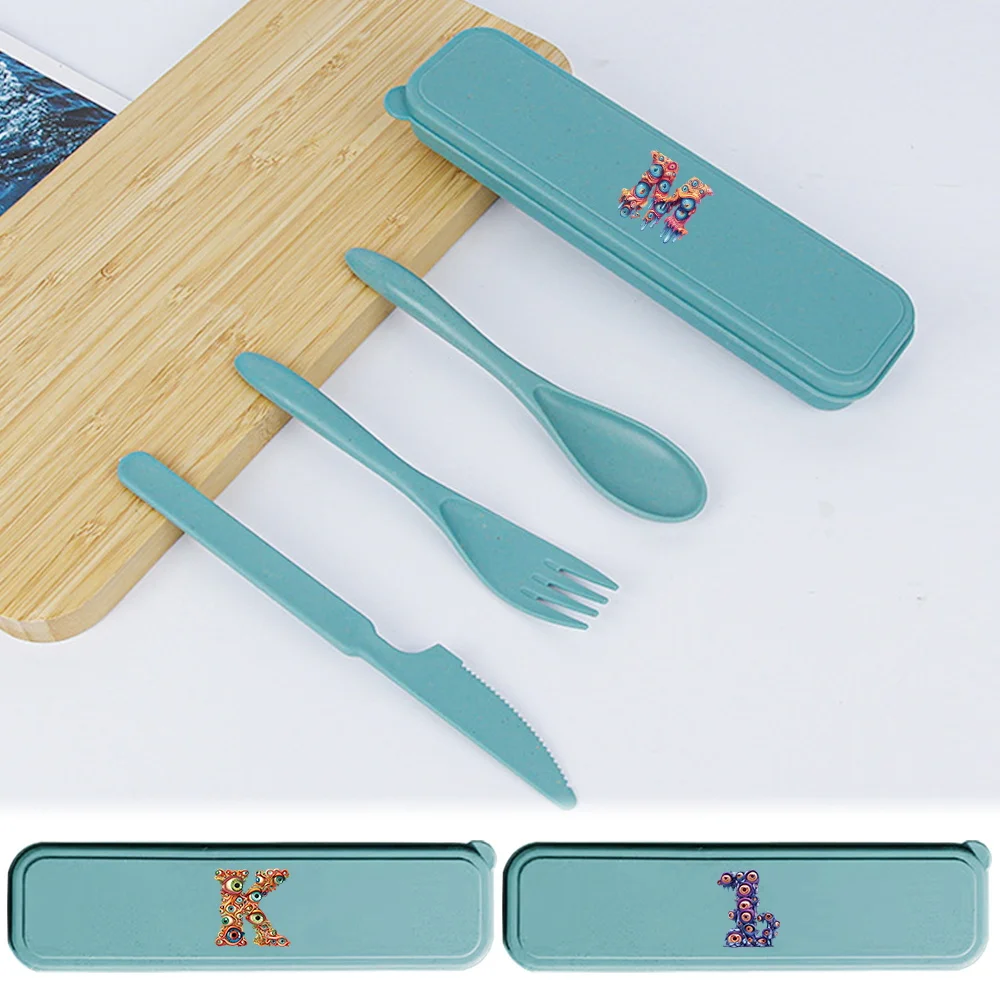 

3pcs Travel Utensils Set with Box Wheat Straw Cutlery Kit Lunch Accessoires Organizer Case Cartoon Eyelets Letter Pattern