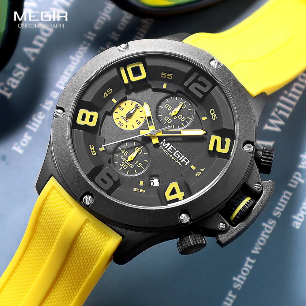 MEGIR Big Dial Sport Quartz Watch for Men Fashion Waterproof Chronograph Wristwatch with Date Silicone Strap Luminous Hands 8115