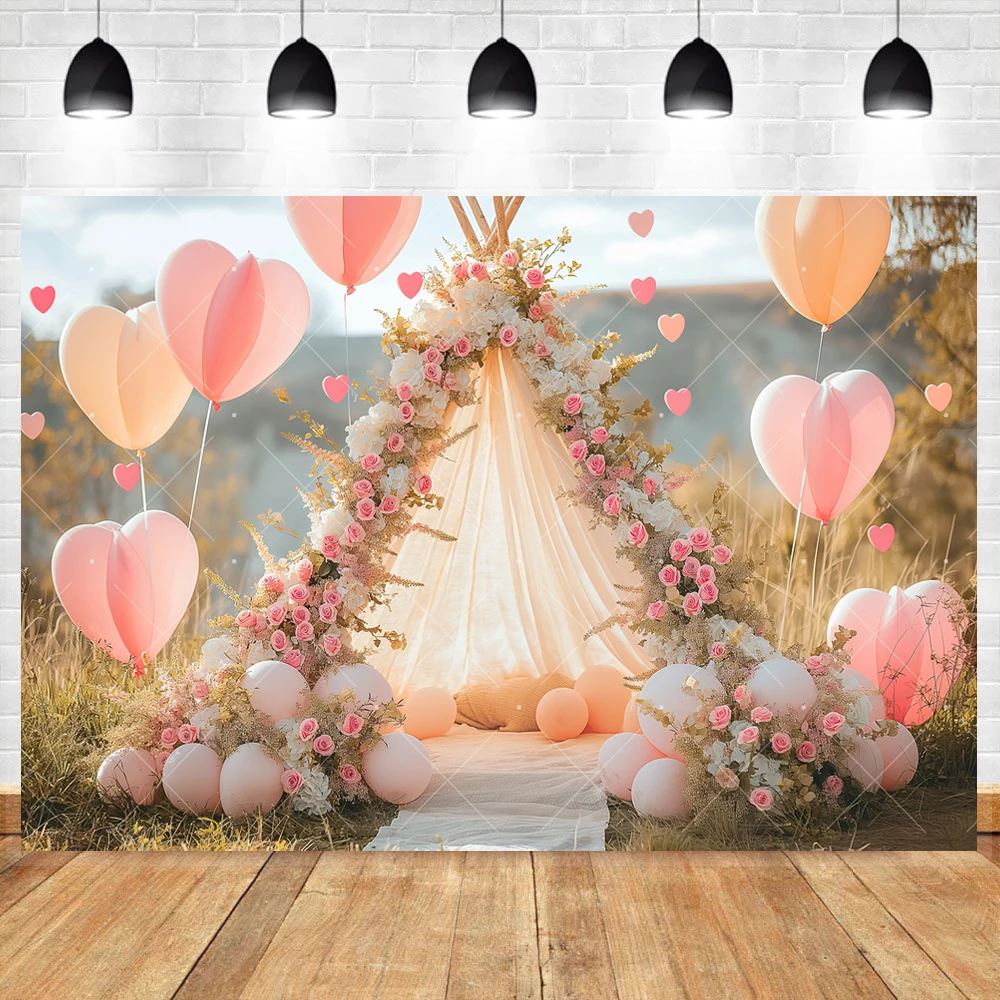 Romantic Pink Rose Flowers Balloon Tent Outdoor Grass Kids Birthday Party Backdrop Custom Kids Room Decor Photography Background