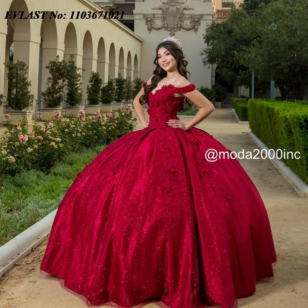 

EVLAST Luxury Burgundy Quinnceanera Dress 2024 Ball Gown Lace Applique Beaded Crystal Corset Sweet 16 Vestidos De 15 Anos SQ598