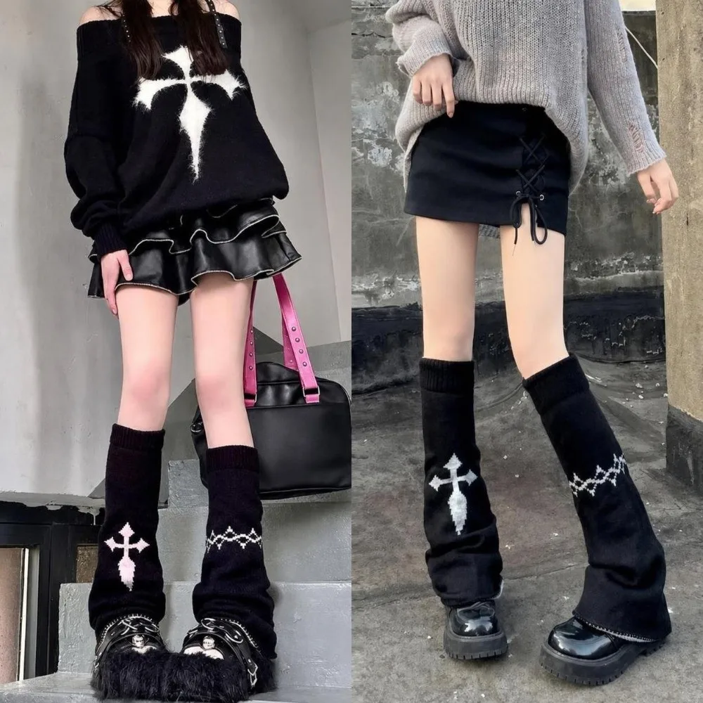 Punk Asymmetric Knit Leg Warmers Stretch Knit Wide Leg Boot Cuffs Cross Pattern Slouchy Fit Leg Covers For Women Girls