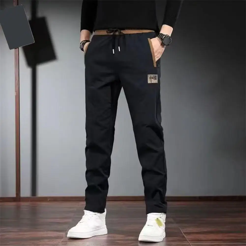 Straight-leg Pants Men's Winter Plush Sweatpants with Drawstring Waist Embroidery Detail Thickened Outdoor Trousers for Weather