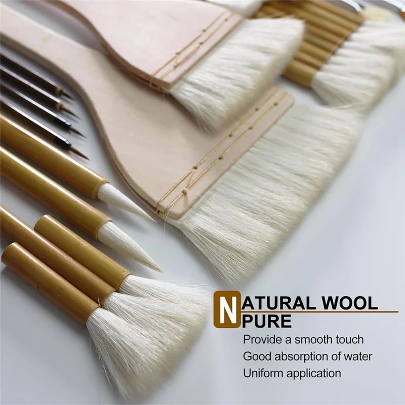 BAAG-Pottery Brushes For Glazing,15 Pcs  Brushes Set Wool Bamboon Hake Brushes For Pottery Acrylic Watercolor