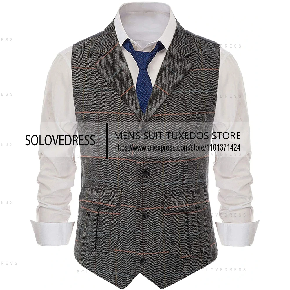 Men's Casual Suit Vest Notch Lapel with Two Pockets Herringbone Waistcoat for Wedding Groomsmen