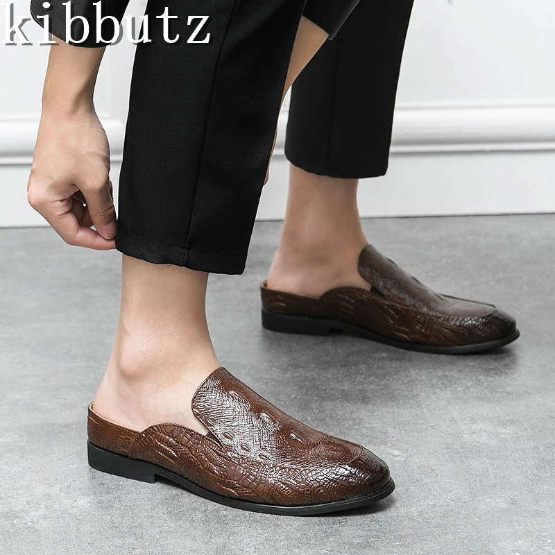 New Designer Men Summer Slipper Fashion Pu Leather Business Casual Slides Backless Loafers Male Driving Shoes Size 46