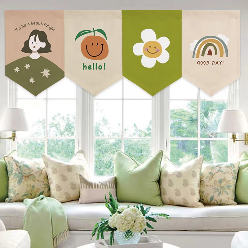VIKAMA Guirlande de rideaux triangulaires minimalistes style bohème, motifs floraux, fruits et cactus, imprimé neutre, pour fenêtre, cantonnière, cuisine, décoration murale pour la maison