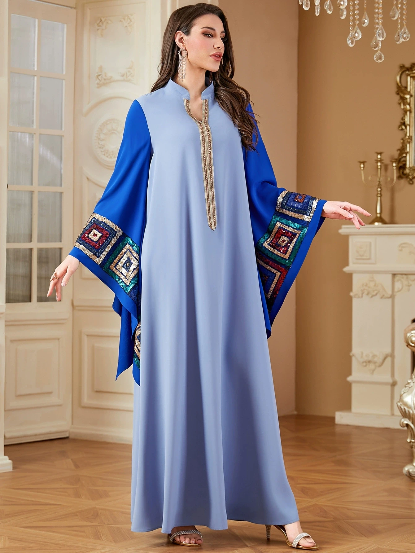 Dubai Islamic sequin party dress women's Abaya batsleeves Eid al Fitr fashion long dress Muslim robe Jalabia Ramadan vest