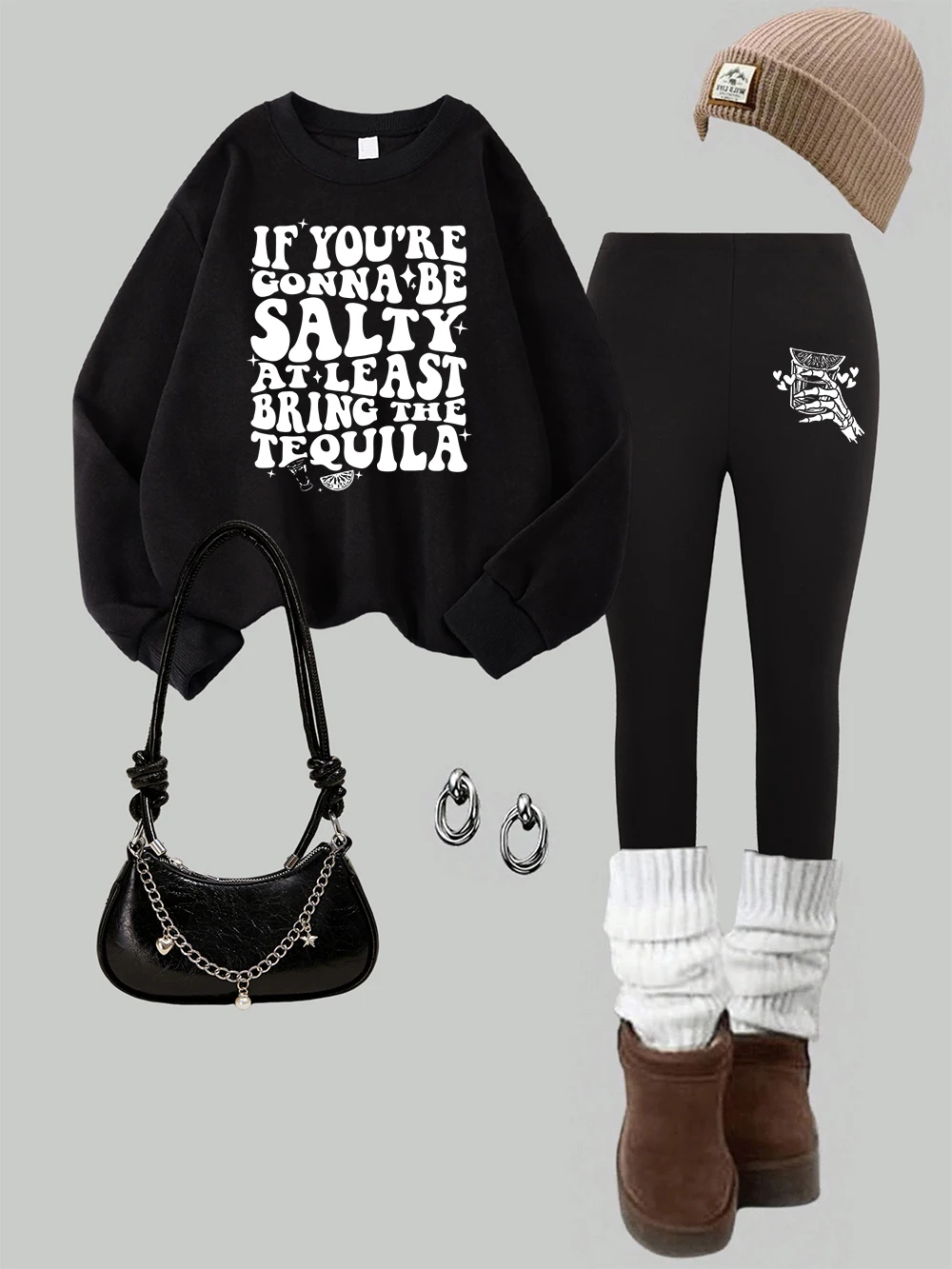 

2 Piece Womens Be Salty Bring The Tequila Prints Sweatshirts Leggings Set Street Warm Fleece Hoodie Pants Autumn Womans Clothes