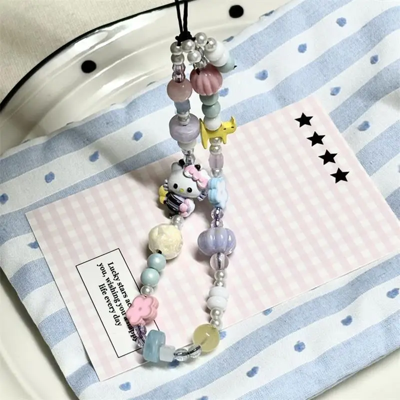 

Cute Hello Kitty Bead Phone Chain Girly Heart Decorated Hanging Chain Keychain Pendant Backpack Lanyard Y2K Accessory