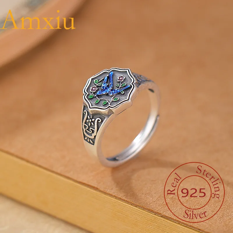 

Кольцо Amxiu из стерлингового серебра S990 с винтажной эмалью и радостным цветком сливы в виде птицы и цветочного узора в китайском стиле