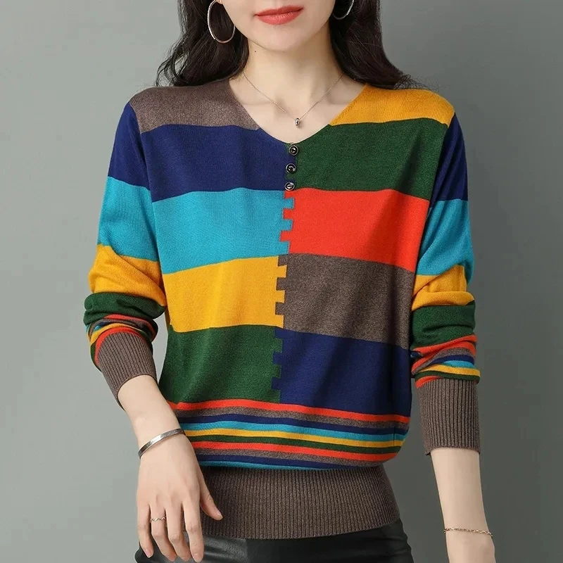 Clearance Pick Up Leaks Foreign Trade Women Long-Sleeved Color-Blocking Thin Pullover Sweater Female Knitting Loose Top Pullover