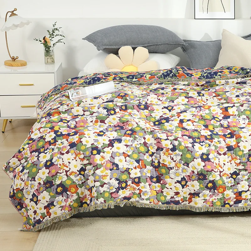 Summer Double Cotton Pastoral Blooming Flower Tassel Throw Blanket Quilts Towelling Coverlet Bed Sofa Cover Blanket Bedspreads