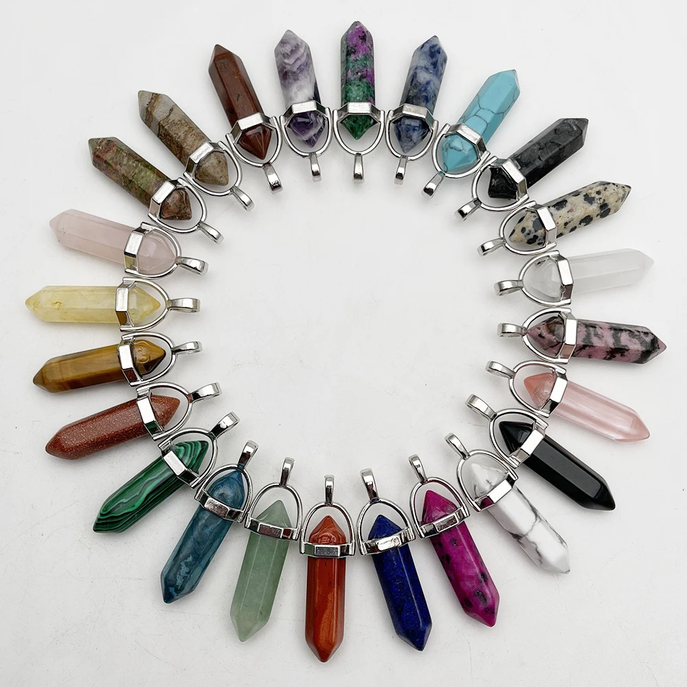 fashion Natural Gem Stone rose Quartz opal Purple stone glass Pendulum Reiki Charm Necklace Pendant mixed Jewelry Making 24Pc