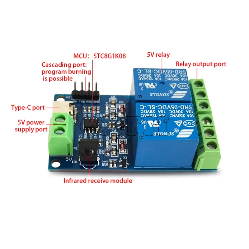 2 Channel Relay Wireless Infrared Remote Control Module 5V Type-C Inching/self-locking/interlocking TTL Serial Communication