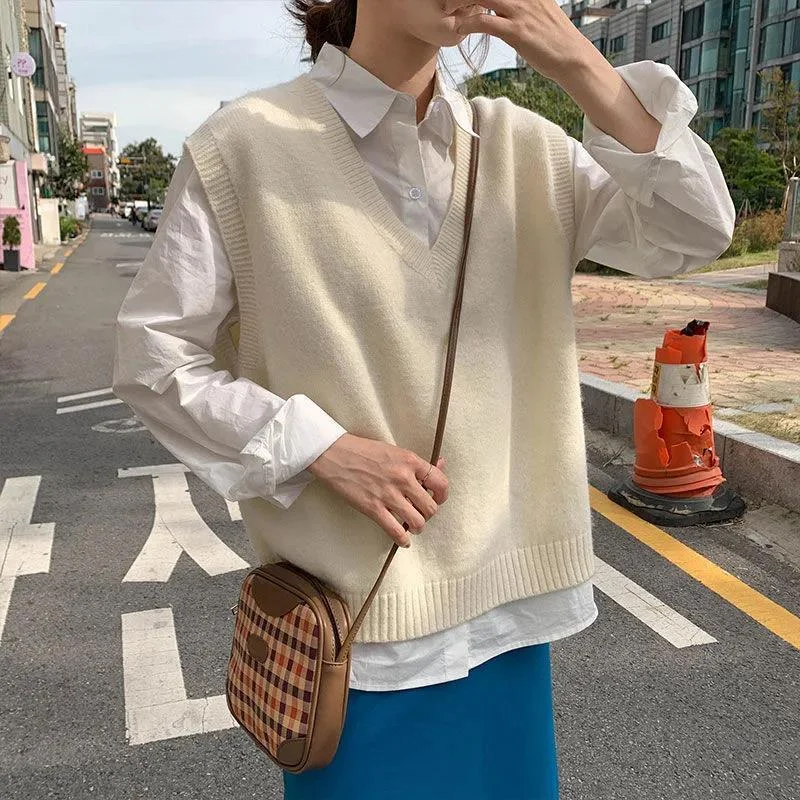 

College style short knitted vest women pullover vest V-neck sleeveless waistcoat loose solid casual versatile women vest sweater