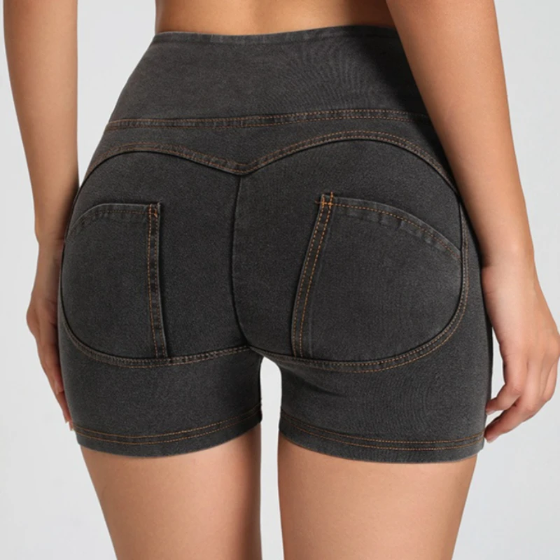 Women High Waist Denim Look Yoga Shorts Scrunch Butt Lifting Peach Shorts Stretch Fake Jean Fitness Pilates Gym Workout Shorts