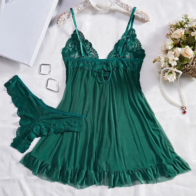 Hot Set Summer Thin Women's Homewear Tulle Sheer Night Dress Women Pajama Lingerie Free Thong Big Nightgown Deep V Sleep Shirts