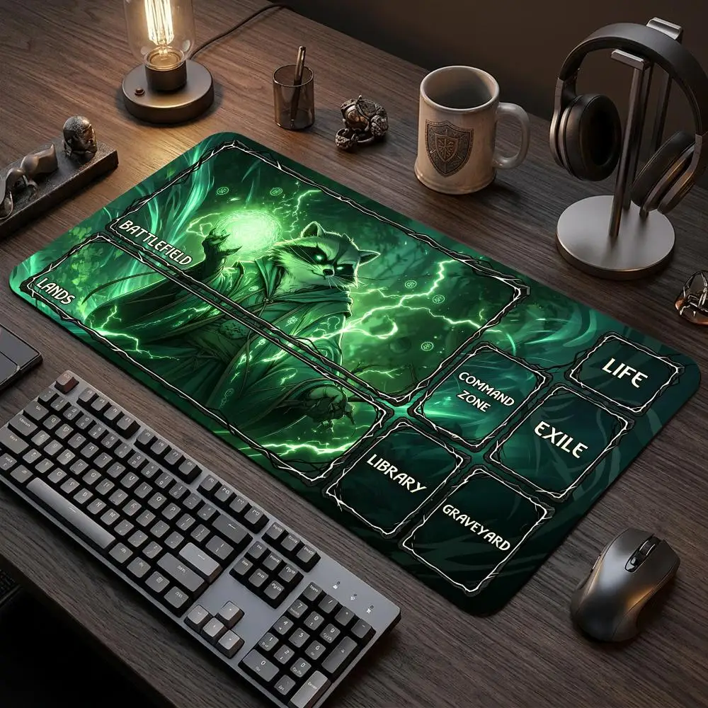 60X35CM Raccoon Druid Green Magic Lightning Play mat Non-Slip Rubber Base Stitched Edge Large Table Mat for Card Game