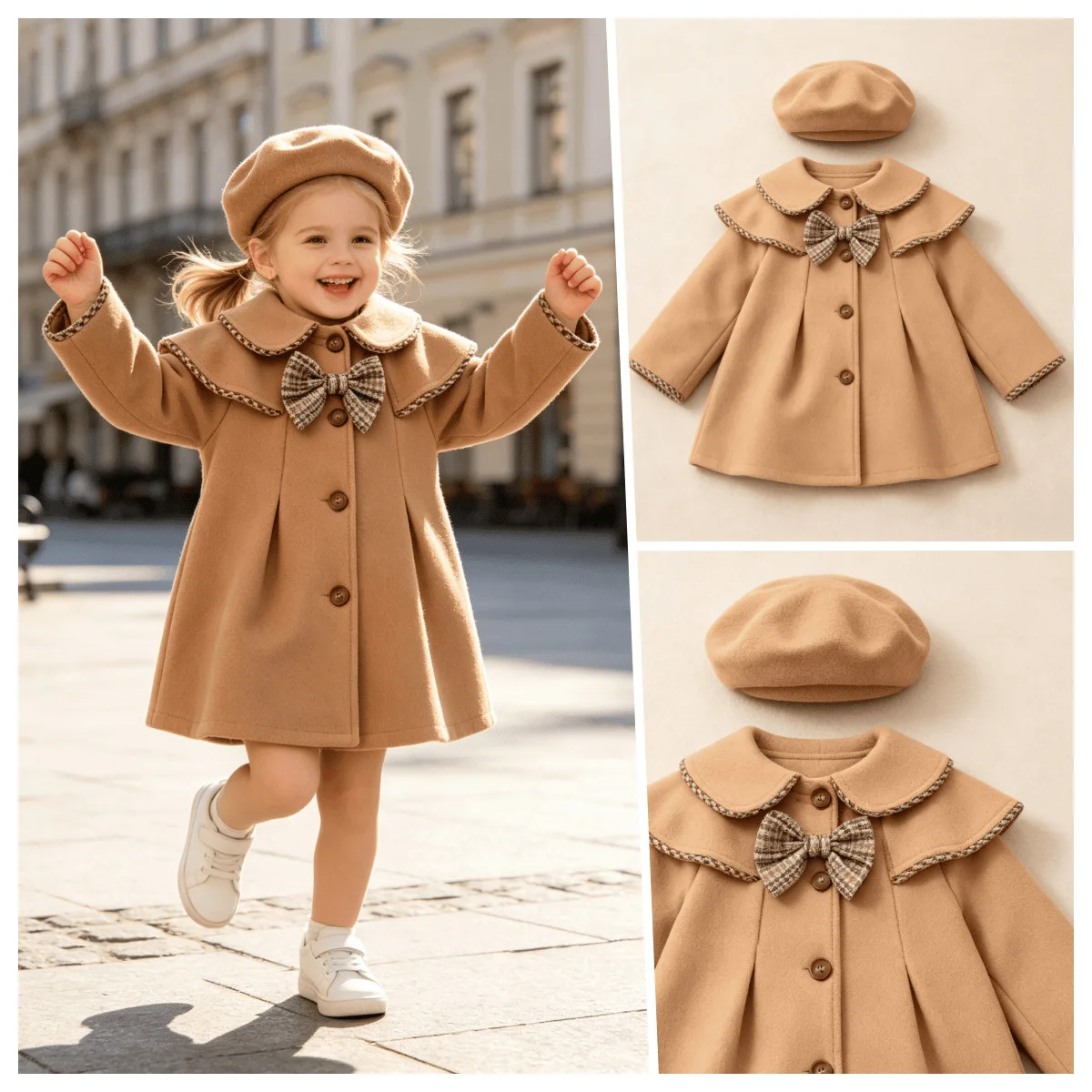 2026 Girls' Autumn and Winter New Camel Plaid Bow Double Layered Lapel Single Breasted  A-line Jacket with Hat Temperament