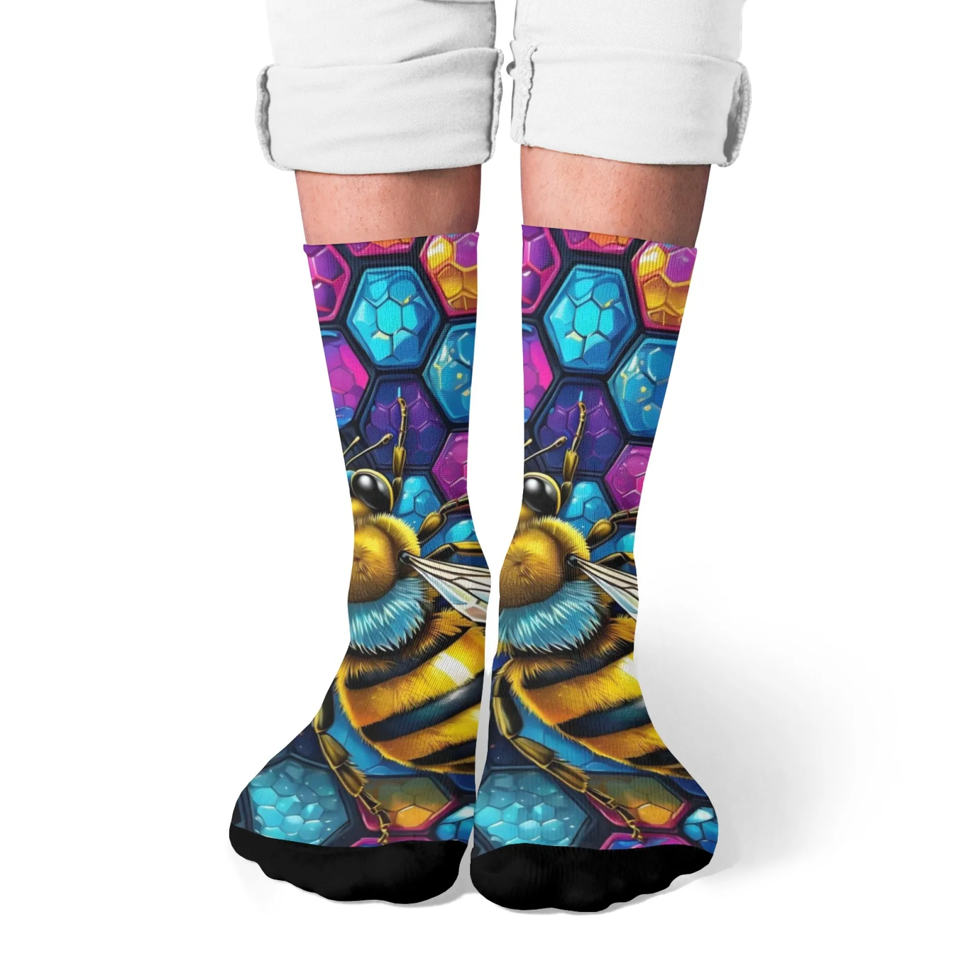 1 Pair of Whimsical Bee & Flower Print Socks Vibrant Cartoon Vigorous Bee and Heart Design Soft Warm Ideal for Casual Playful