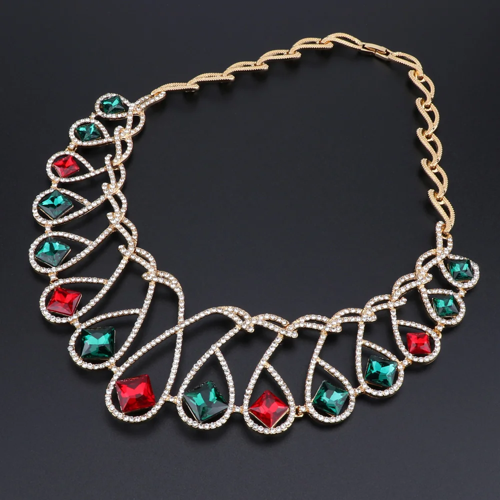 Nigeria Fashion Jewelry Sets Red Green Crystal Necklace Bracelet Party Charm Women Earrings Ring Jewelry Accessories