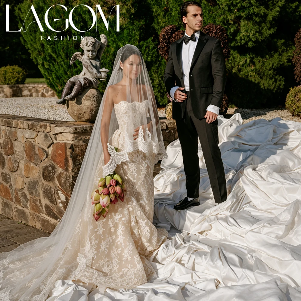 Lagom Elegant Champagne Strapless Lace Wedding Dress Mermaid Bridal Gown Sleeveless Long Train Vintage New شارون سعيد Customized