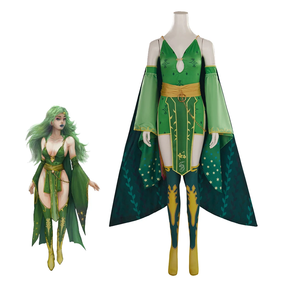 

Game FF IV Rydia Cosplay Costume Rydia Sexy Green Dress With Cape Adult Women Halloween Party Disguise Outfit Custom Made