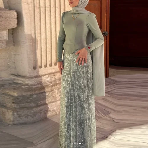 Imagen 2 del producto Vestidos de noche Hajib adornados con lentejuelas personalizados, cuello alto, manga completa, línea A, vestido de fiesta musulmán Formal, فساتmavera
