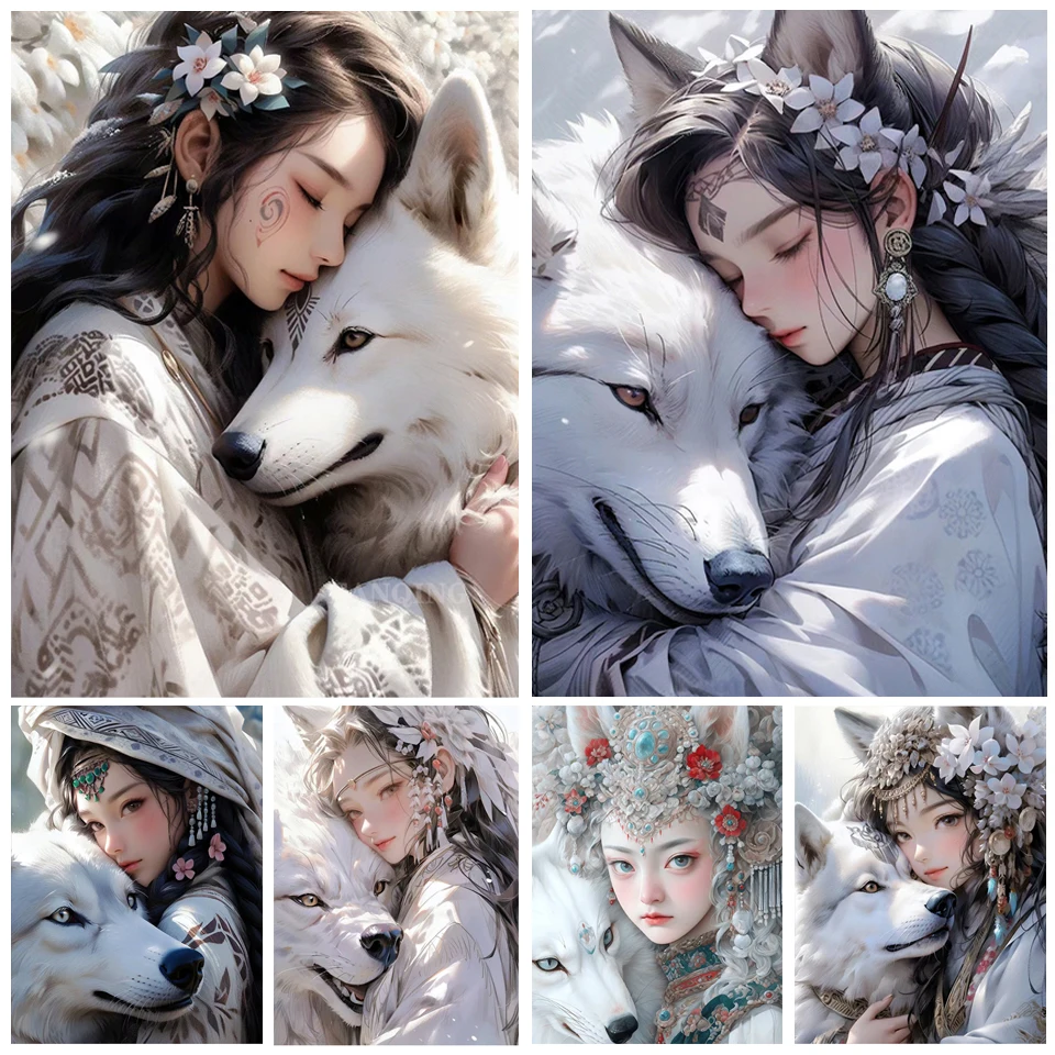 5D Diamond Painting New Arrival Women and Wolves Cross Stitch Diamond Embroidery Sale Girl Flower Full Mosaic Rhinestones FF758