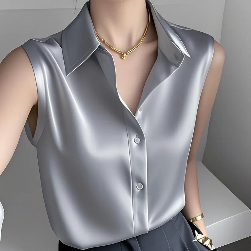 

2025 New Casual shirt French-style Colorful Gentle Satin Polo Sleeveless Shirt New Summer Style Versatile Fashion Shirts