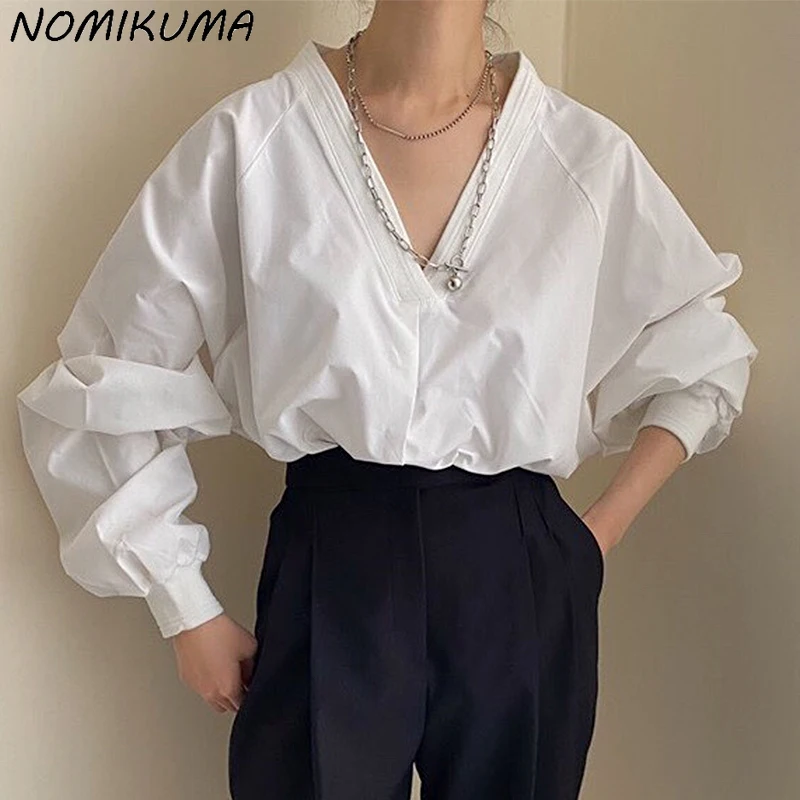 Nomikuma Korea Chic Autumn Shirts Fashion V-neck Causal Lantern Sleeve Blouse Women 2023 New Solid Pullover Blusas De Mujer