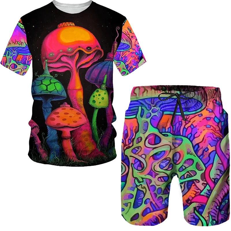 Dream Mushroom 3D Print Tees para hombre, chándal de cuello redondo, camiseta informal, pantalones cortos, conjunto de dos piezas, traje de vacaciones de playa de verano