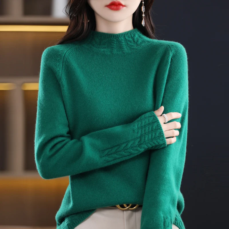 Autumn  Winter New Half High Neck Andy Cashmere Seven Needle Thick Woolen Sweater Woman\'s Long Sleeve Pullover Loose Knit Bottom