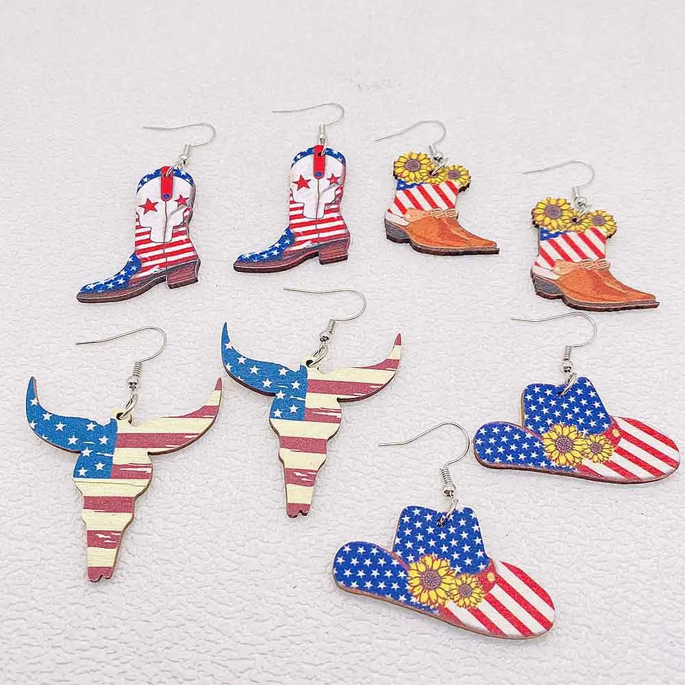 Independence Day Wooden Earrings, American Flag Western Cowboy Series Boots Hat Earrings Women Girls 4th of July Patriotic