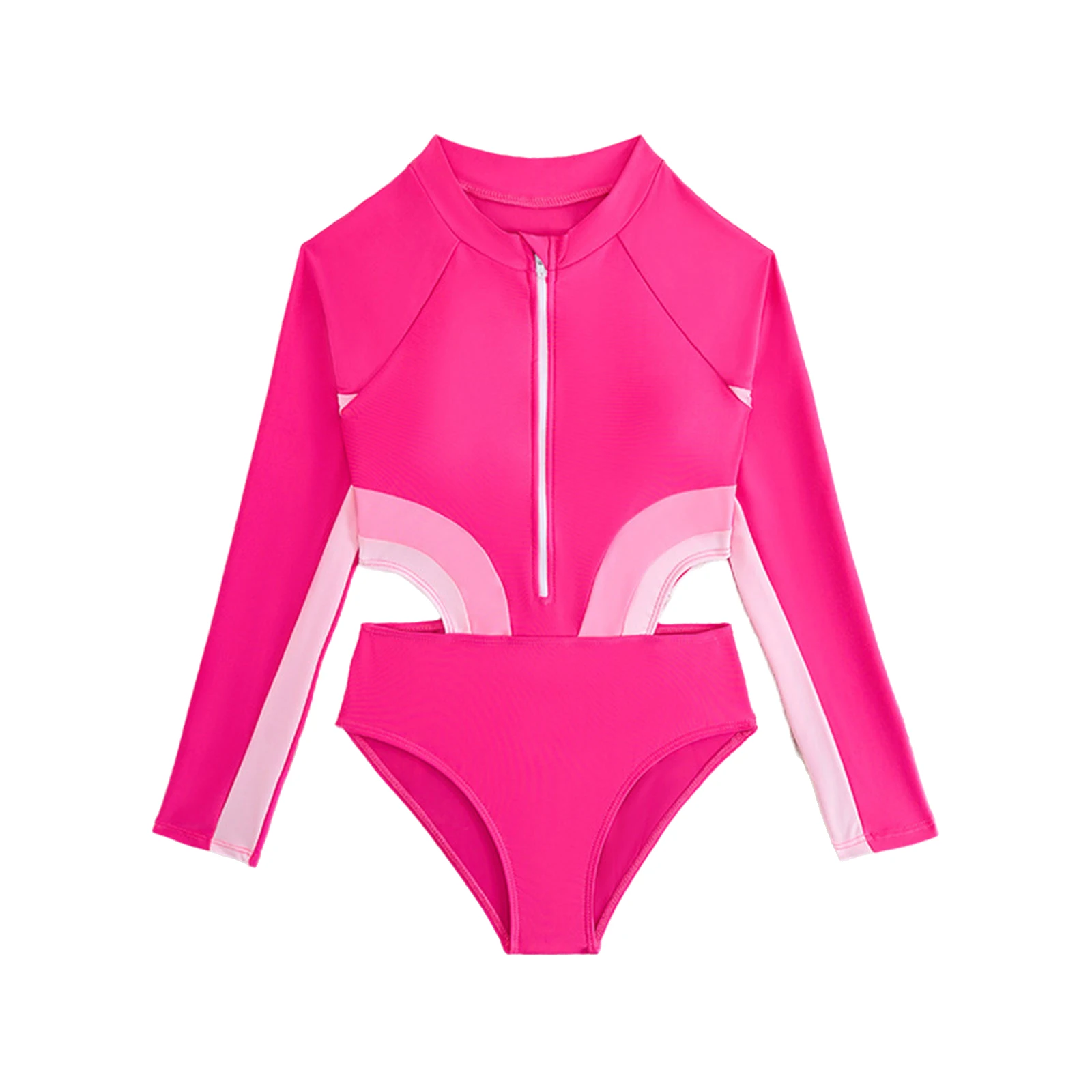 Kids Girls Pink Long Sleeves Swimsuit Removable Chest Pads Zipper Bodysuit Cutout Color Block Bathing Suit Summer Beach Swimwear