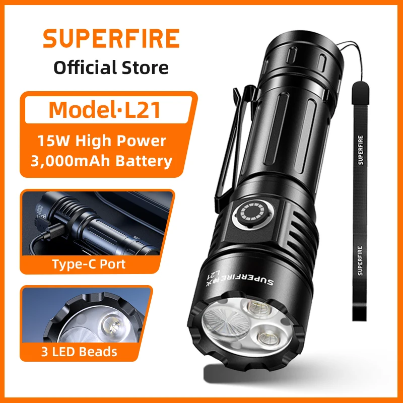 SUPERFIRE L21 15W Multi-gear 3 LED Beads Flashlight Rechargeable Torch Multifunctional Work light With Battery Outdoor Lantern