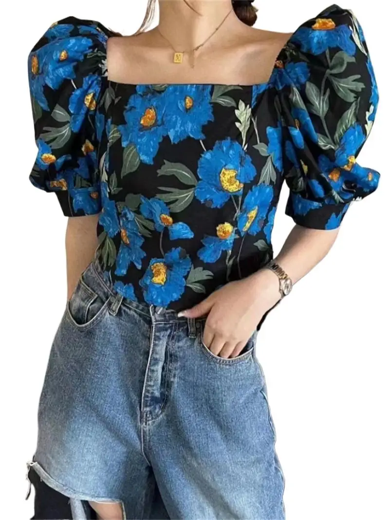 

Summer Cotton Vintage Hotsweet Blue Printed Crop Tops Sweet Square Collar Slim Puff Sleeve Elegant Fashion Gentle Blouses