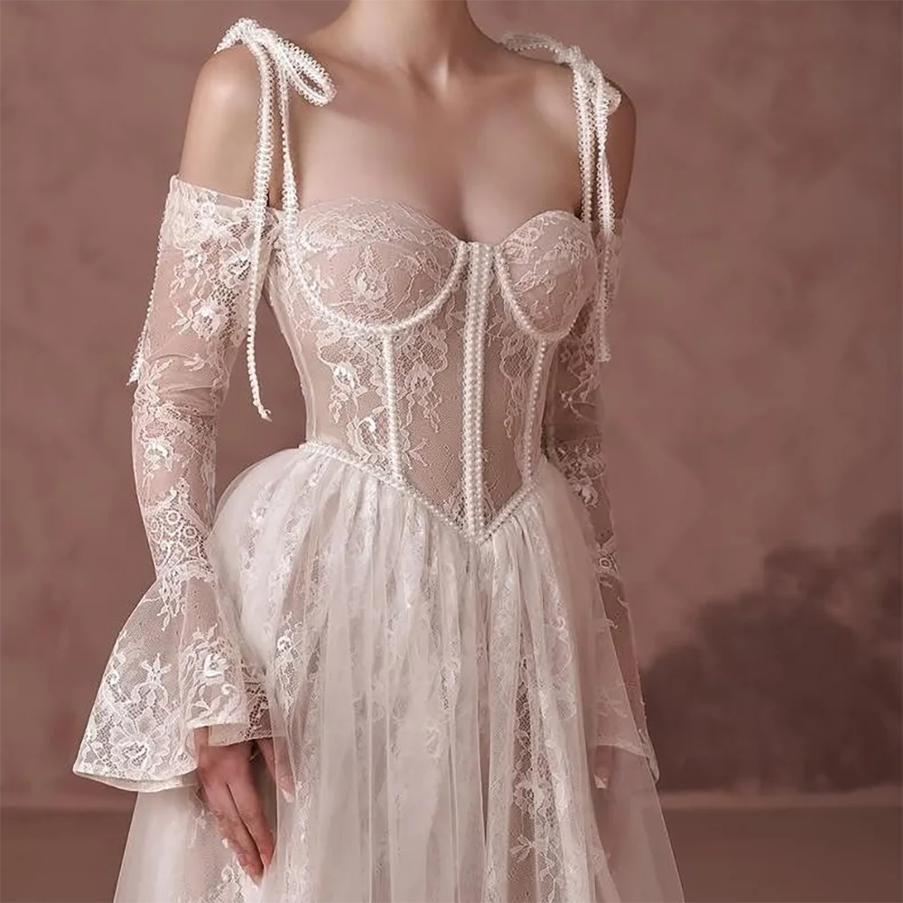 Elegant Sweetheart Lace Full Sleeve A-Line Formal Evening Dresses Birthday Party Prom Gowns Customized