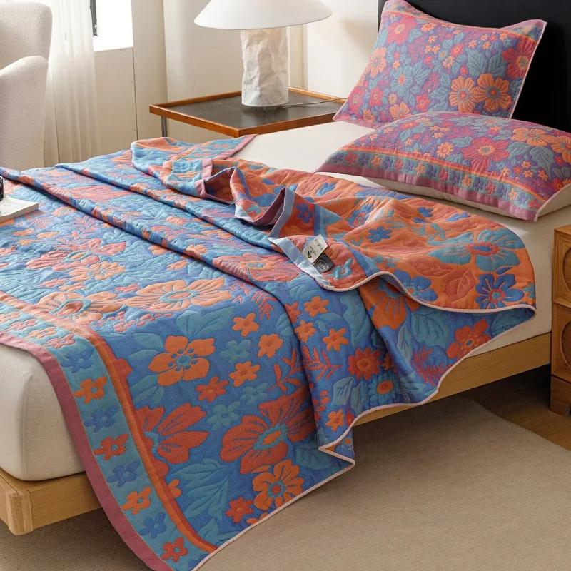 New colored cotton cloud soft cotton three-layer gauze towel quilt printing single piece office nap blanket three-piece set