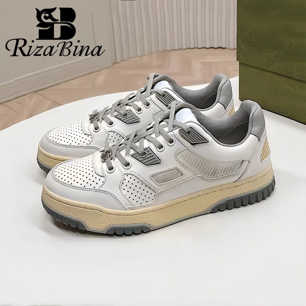 

RIZABINA Size 36-42 Real Leather Women Platform Sneakers Patchwork Mixed Color Lace Up Sports Shoes Ladies Casual Shoes Handmade