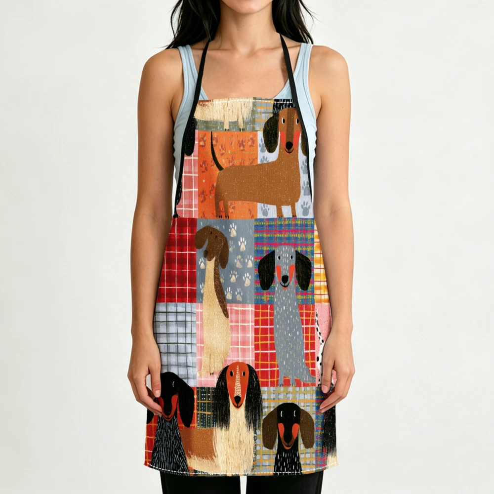 Cute Cartoon Style Apron Dachshund Dog Patchwork Print Kitchen Aprons Cooking Baking Cleaning Adjustable Bibs