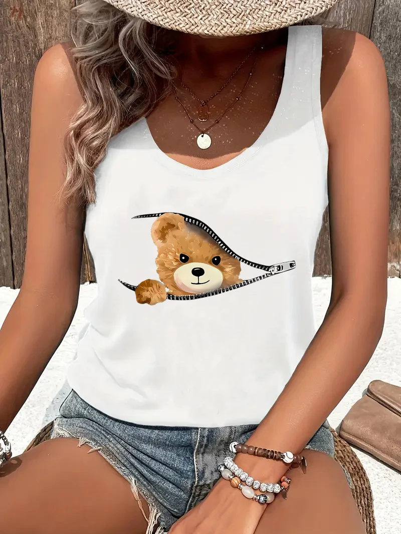 2025, lustiges, heißes Angebot, Bären-Design, T-Shirt, Weste, T-Shirt, Grafikdruck, Tank-Top, Damen, ärmellos, Rundhalsausschnitt