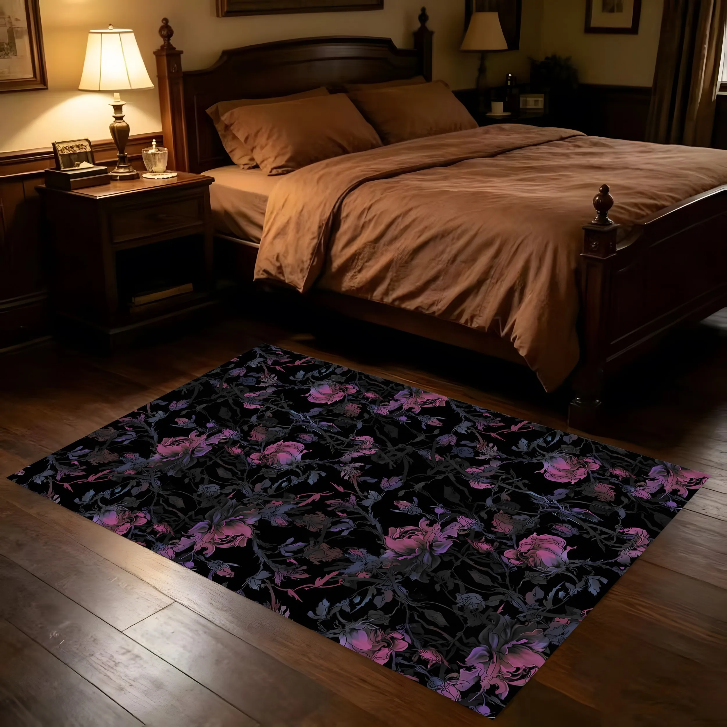 Pink Purple Floral Print French Vintage Velvet Rug for Christmas New Year Living Room Bedroom Sophisticated Decor